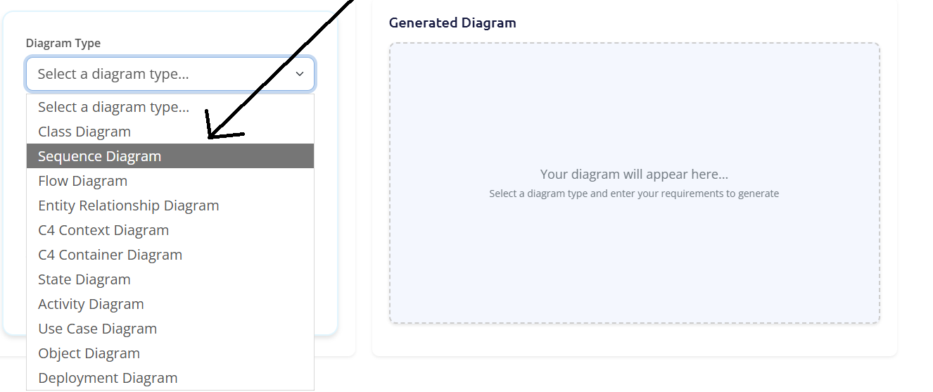 Animation showing how to select a diagram type and enter a prompt